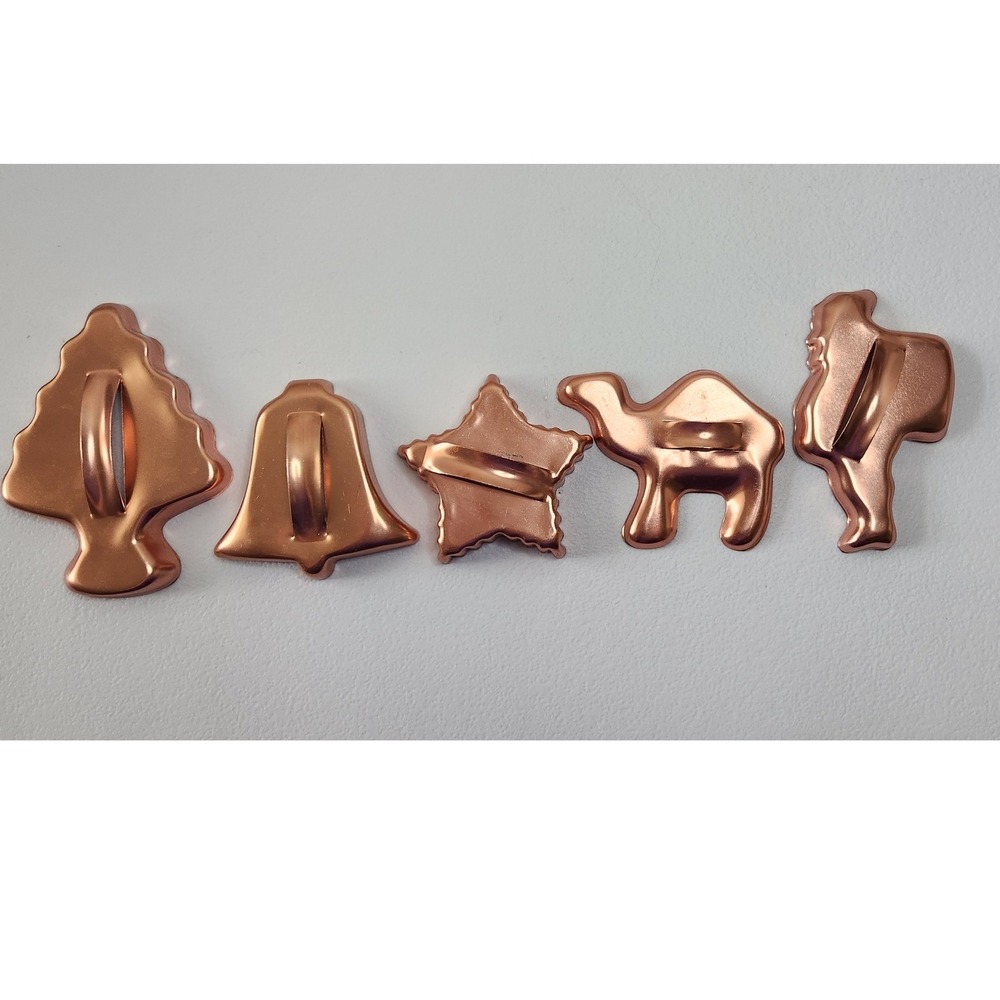 Vintage Copper Metal Christmas Cookie Cutter Set 5pc Tree Bell Star Santa